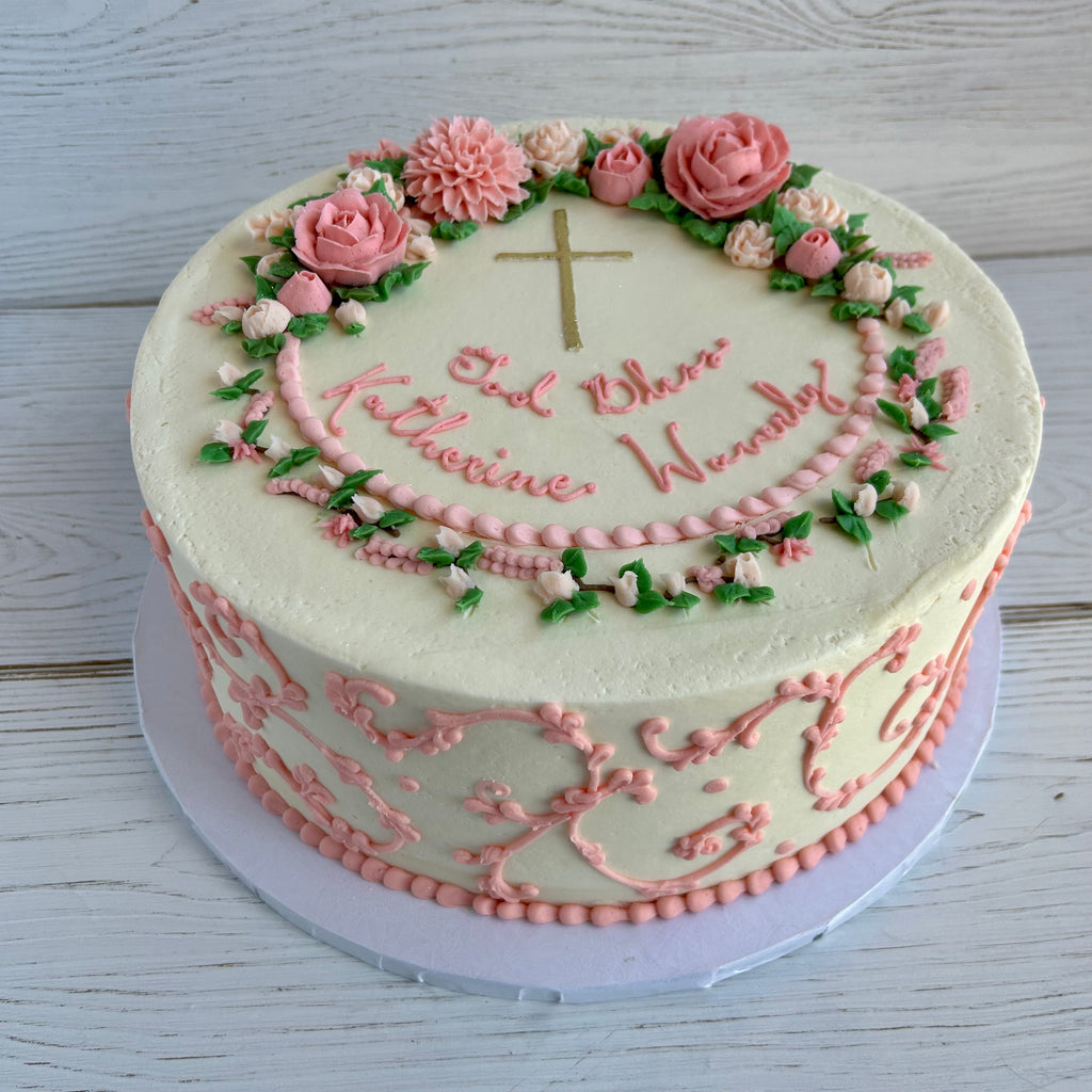Gold Cross with Scrollwork and Delicate Flowers Cake