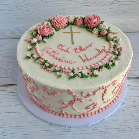 Gold Cross with Scrollwork and Delicate Flowers Cake