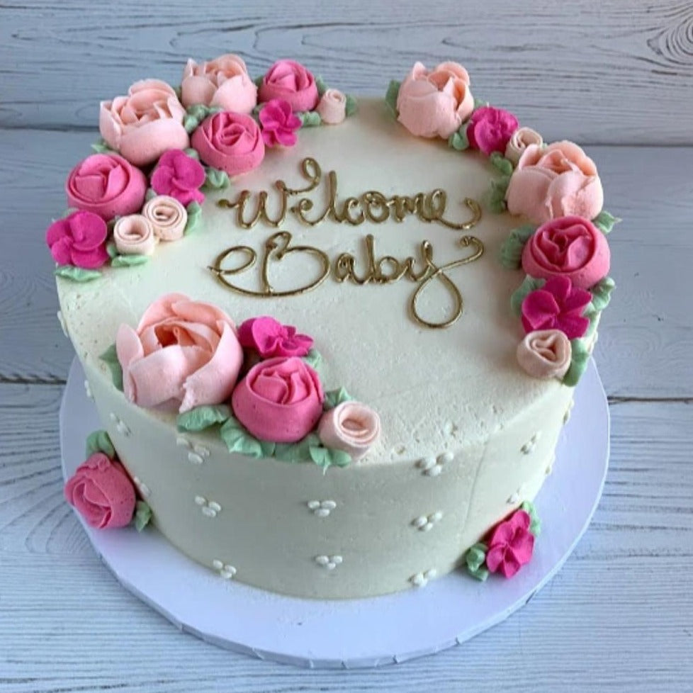 Welcome Baby with Pink or Blue Tea Roses Cake
