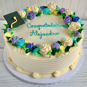 Floral Graduation Cake with Grad Cap and Logo